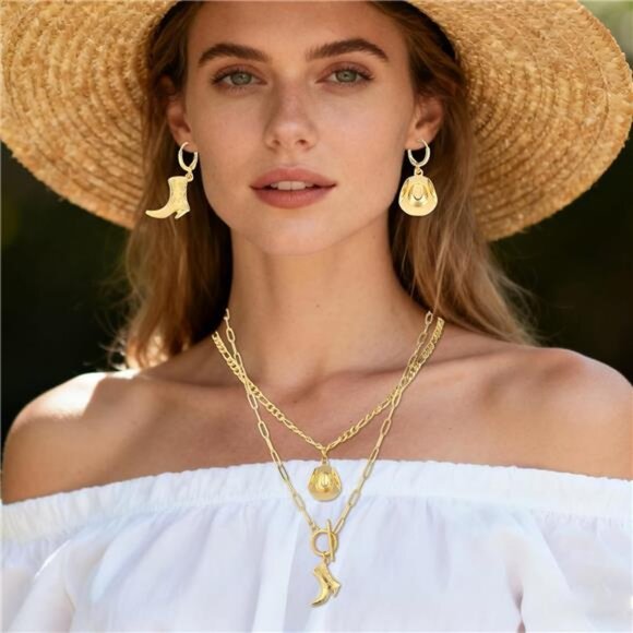 3-Piece Western Cowgirl Jewelry Set for Women, Cowboy Boot & Hat Pendant - Picture 6 of 7